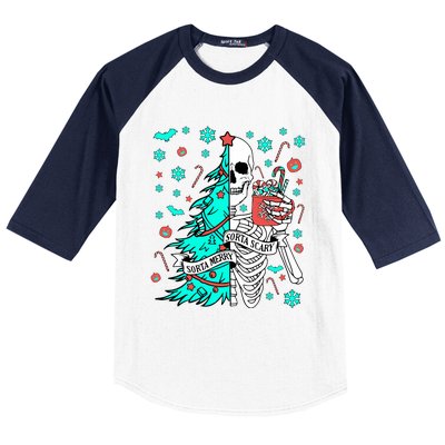 Sorta Merry Sorta Scary Funny Christmas Skeleton Tree Santa Baseball Sleeve Shirt