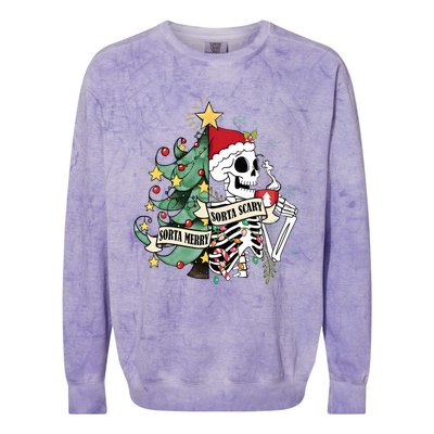 Sorta Merry Sorta Scary Skeleton Snow Christmas Xmas Pajamas Colorblast Crewneck Sweatshirt