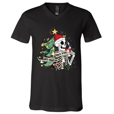 Sorta Merry Sorta Scary Skeleton Snow Christmas Xmas Pajamas V-Neck T-Shirt