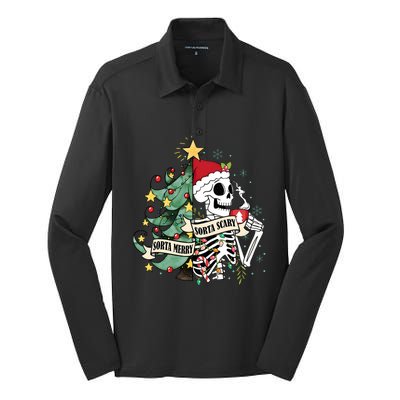 Sorta Merry Sorta Scary Skeleton Snow Christmas Xmas Pajamas Silk Touch Performance Long Sleeve Polo