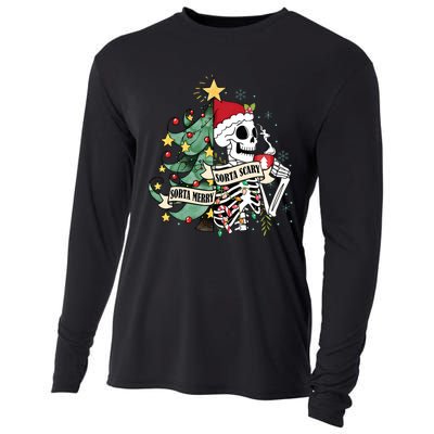 Sorta Merry Sorta Scary Skeleton Snow Christmas Xmas Pajamas Cooling Performance Long Sleeve Crew