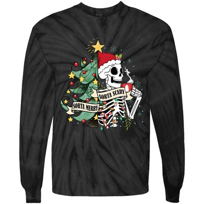 Sorta Merry Sorta Scary Skeleton Snow Christmas Xmas Pajamas Tie-Dye Long Sleeve Shirt