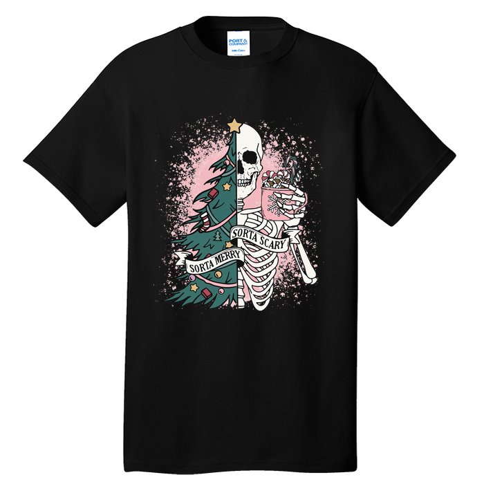 Sorta Merry Sorta Scary Funny Xmas Skeleton Bleached  Tall T-Shirt