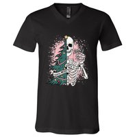 Sorta Merry Sorta Scary Funny Xmas Skeleton Bleached  V-Neck T-Shirt