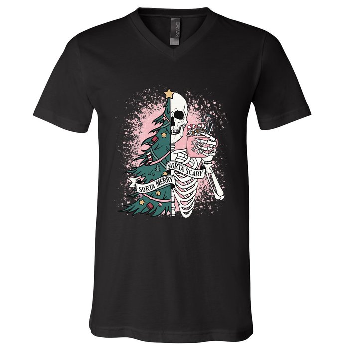 Sorta Merry Sorta Scary Funny Xmas Skeleton Bleached  V-Neck T-Shirt