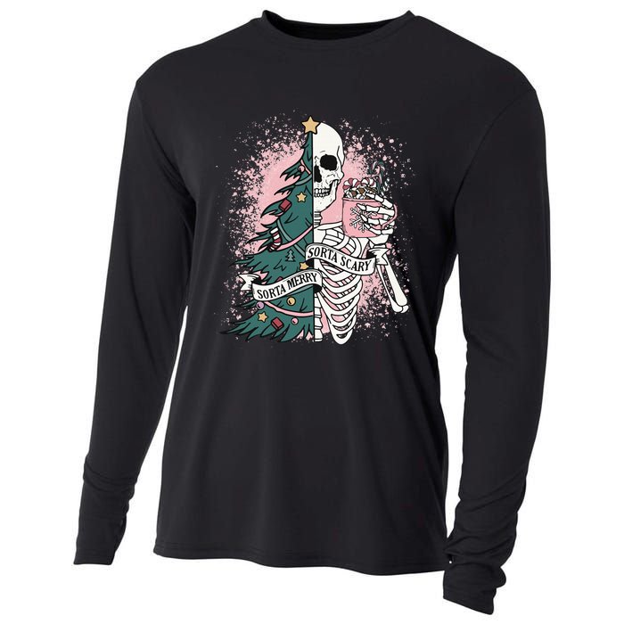 Sorta Merry Sorta Scary Funny Xmas Skeleton Bleached  Cooling Performance Long Sleeve Crew