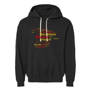 Spain Map Silhouette Towns Cities Madrid Travel Espana Garment-Dyed Fleece Hoodie