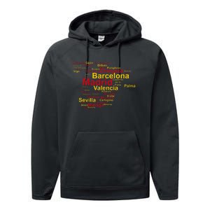 Spain Map Silhouette Towns Cities Madrid Travel Espana Performance Fleece Hoodie