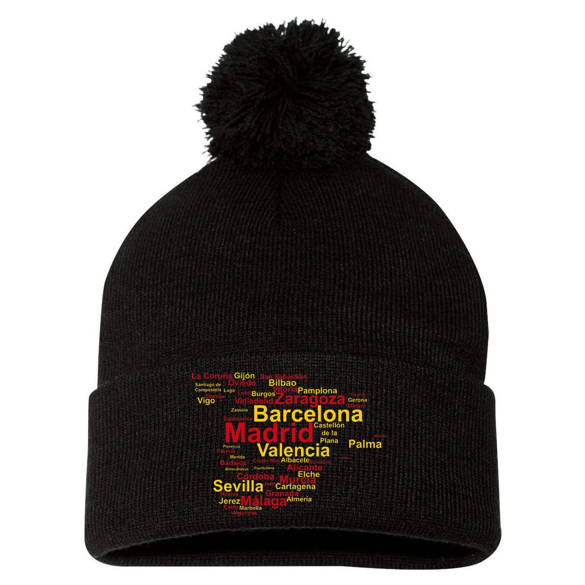 Spain Map Silhouette Towns Cities Madrid Travel Espana Pom Pom 12in Knit Beanie