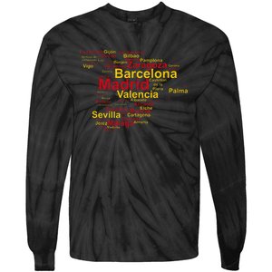 Spain Map Silhouette Towns Cities Madrid Travel Espana Tie-Dye Long Sleeve Shirt