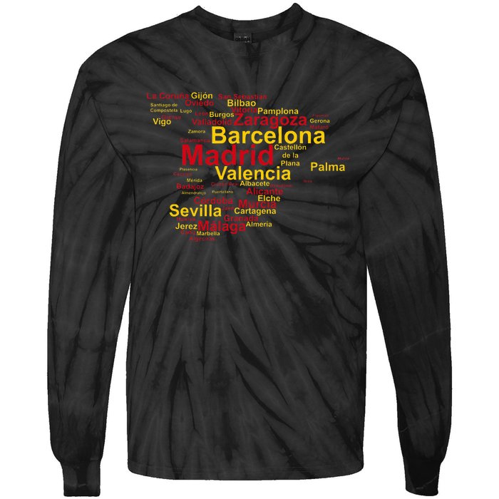 Spain Map Silhouette Towns Cities Madrid Travel Espana Tie-Dye Long Sleeve Shirt