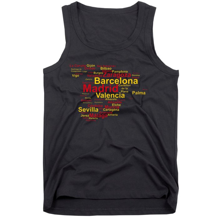 Spain Map Silhouette Towns Cities Madrid Travel Espana Tank Top