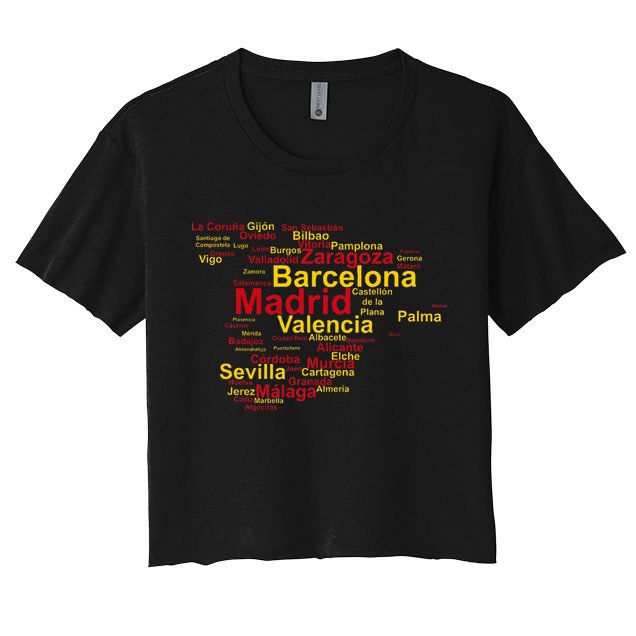 Spain Map Silhouette Towns Cities Madrid Travel Espana Crop Top