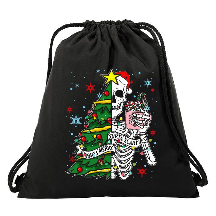 Sorta Merry Sorta Scary Skeleton Xmas Tree Christmas Funny  Drawstring Bag