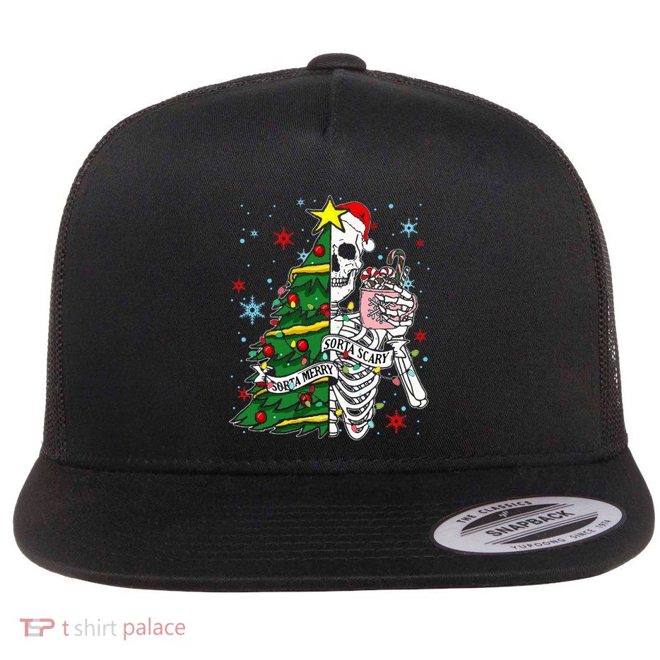 Sorta Merry Sorta Scary Skeleton Xmas Tree Christmas Funny  Flatbill Hat
