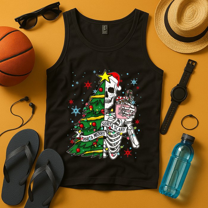 Sorta Merry Sorta Scary Skeleton Xmas Tree Christmas Funny  Tank Top