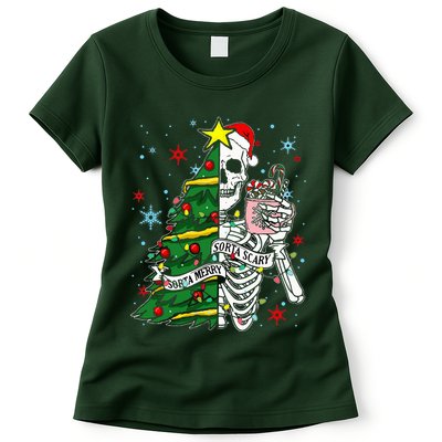 Sorta Merry Sorta Scary Skeleton Xmas Tree Christmas Funny  Womens T-Shirt