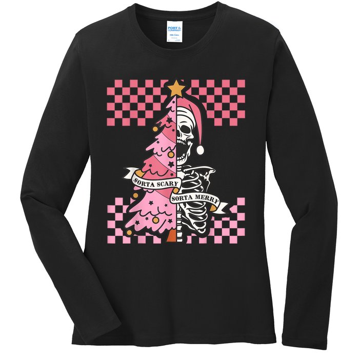 Sorta Merry Sorta Scary Spooky Christmas Goth Skull Xmas Ladies Long Sleeve Shirt