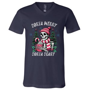 Sorta Merry Sorta Scary Skeleton Xmas Tree Christmas Pajamas V-Neck T-Shirt