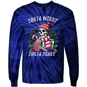 Sorta Merry Sorta Scary Skeleton Xmas Tree Christmas Pajamas Tie-Dye Long Sleeve Shirt