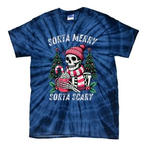 Sorta Merry Sorta Scary Skeleton Xmas Tree Christmas Pajamas Tie-Dye T-Shirt