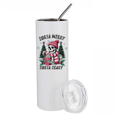 Sorta Merry Sorta Scary Skeleton Xmas Tree Christmas Pajamas Stainless Steel Tumbler