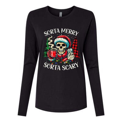 Sorta Merry Sorta Scary Retro Skeleton Hot Cocoa Christmas Womens Cotton Relaxed Long Sleeve T-Shirt