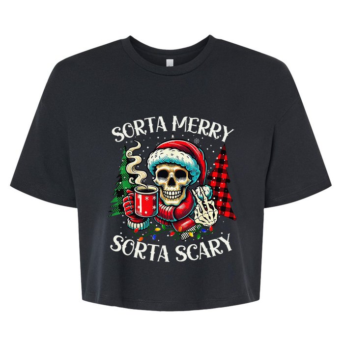 Sorta Merry Sorta Scary Retro Skeleton Hot Cocoa Christmas Bella+Canvas Jersey Crop Tee