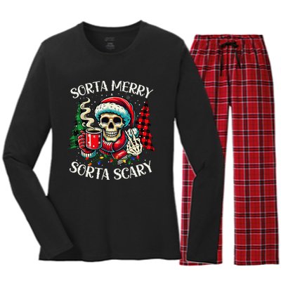 Sorta Merry Sorta Scary Retro Skeleton Hot Cocoa Christmas Women's Long Sleeve Flannel Pajama Set 