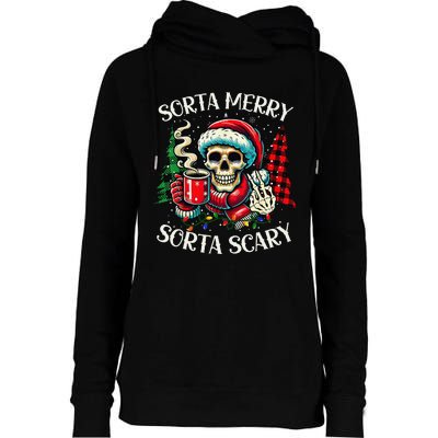 Sorta Merry Sorta Scary Retro Skeleton Hot Cocoa Christmas Womens Funnel Neck Pullover Hood