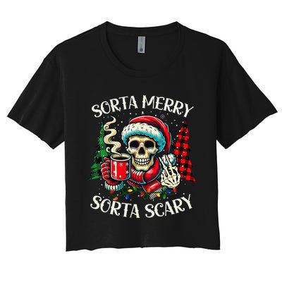 Sorta Merry Sorta Scary Retro Skeleton Hot Cocoa Christmas Women's Crop Top Tee