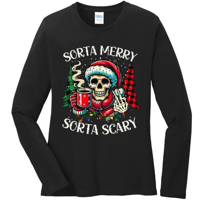 Sorta Merry Sorta Scary Retro Skeleton Hot Cocoa Christmas Ladies Long Sleeve Shirt