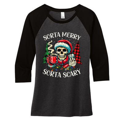 Sorta Merry Sorta Scary Retro Skeleton Hot Cocoa Christmas Women's Tri-Blend 3/4-Sleeve Raglan Shirt