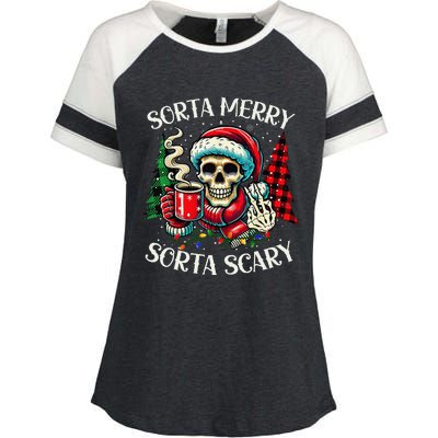 Sorta Merry Sorta Scary Retro Skeleton Hot Cocoa Christmas Enza Ladies Jersey Colorblock Tee