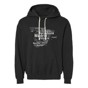 Spain Map Silhouette Towns Cities Madrid Travel Espana Garment-Dyed Fleece Hoodie