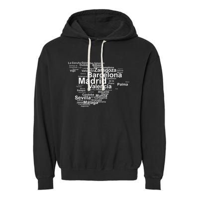 Spain Map Silhouette Towns Cities Madrid Travel Espana Garment-Dyed Fleece Hoodie