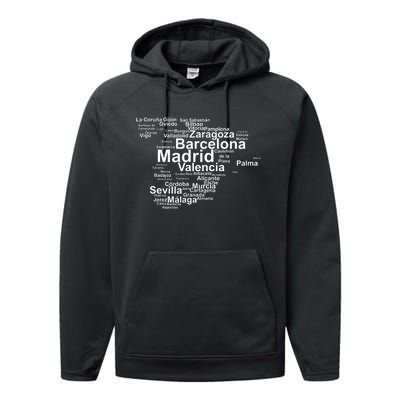 Spain Map Silhouette Towns Cities Madrid Travel Espana Performance Fleece Hoodie