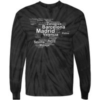 Spain Map Silhouette Towns Cities Madrid Travel Espana Tie-Dye Long Sleeve Shirt