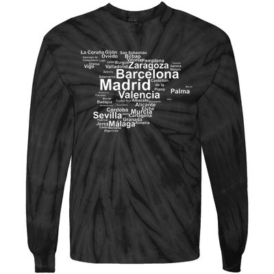 Spain Map Silhouette Towns Cities Madrid Travel Espana Tie-Dye Long Sleeve Shirt