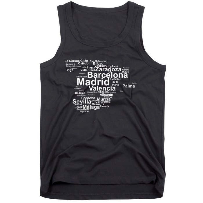 Spain Map Silhouette Towns Cities Madrid Travel Espana Tank Top