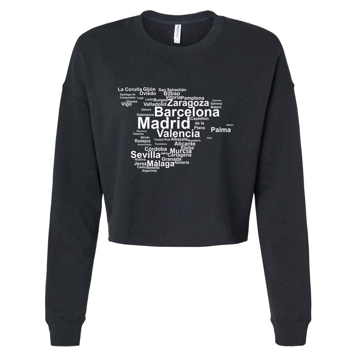 Spain Map Silhouette Towns Cities Madrid Travel Espana Cropped Pullover Crew