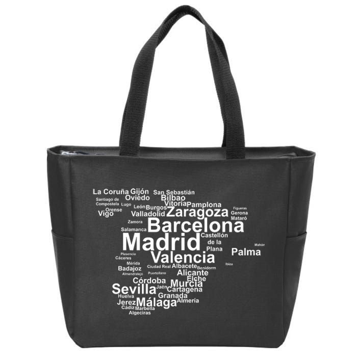 Spain Map Silhouette Towns Cities Madrid Travel Espana Zip Tote Bag