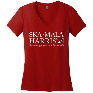 Ska Mala Skamala Kamala Harris 2024 Scamming Americans Since Women's V-Neck T-Shirt