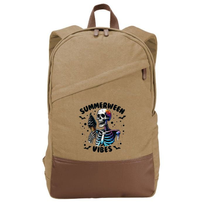 Summerween Magic Skeleton Enjoying Ice Cream Delight Cotton Canvas Backpack