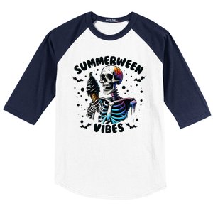 Summerween Magic Skeleton Enjoying Ice Cream Delight Baseball Sleeve Shirt