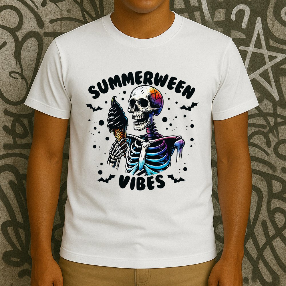 Summerween Magic Skeleton Enjoying Ice Cream Delight T-Shirt