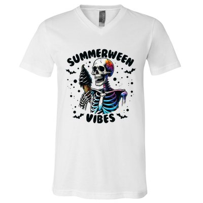 Summerween Magic Skeleton Enjoying Ice Cream Delight V-Neck T-Shirt