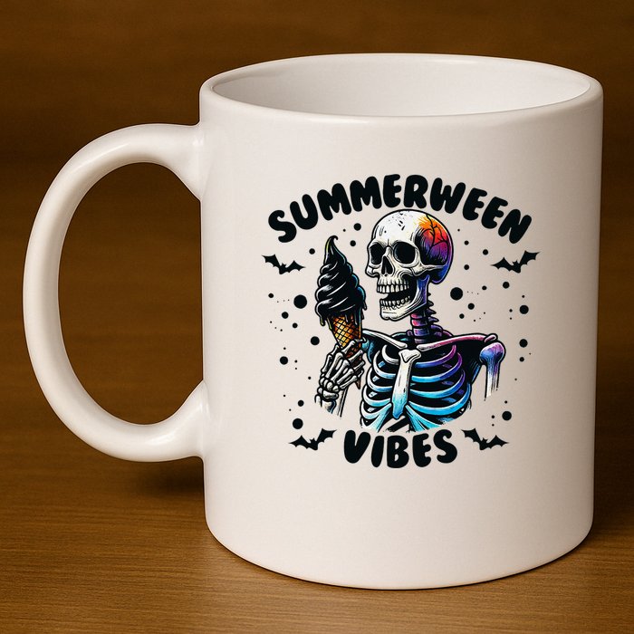 Summerween Magic Skeleton Enjoying Ice Cream Delight 11oz C Handle Ceramic Mug