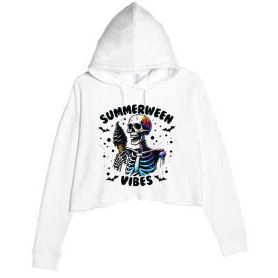 Summerween Magic Skeleton Enjoying Ice Cream Delight Crop Fleece Hoodie