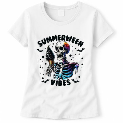 Summerween Magic Skeleton Enjoying Ice Cream Delight Womens T-Shirt